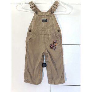 Osh Kosh khaki Overalls 12 Months Boys Patches Crotch Snaps Pants 100% Cotton